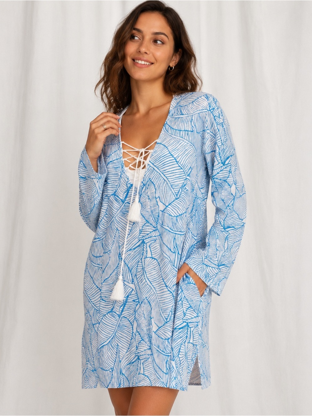 Charlie Holiday Blue White Tropical Lace-Up Hooded Beach Cover Up Dress Small
